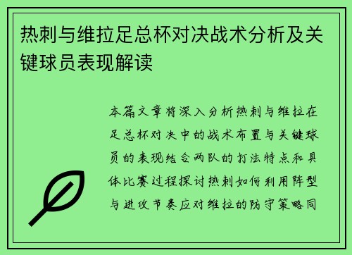 热刺与维拉足总杯对决战术分析及关键球员表现解读