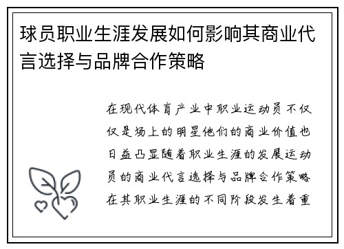 球员职业生涯发展如何影响其商业代言选择与品牌合作策略